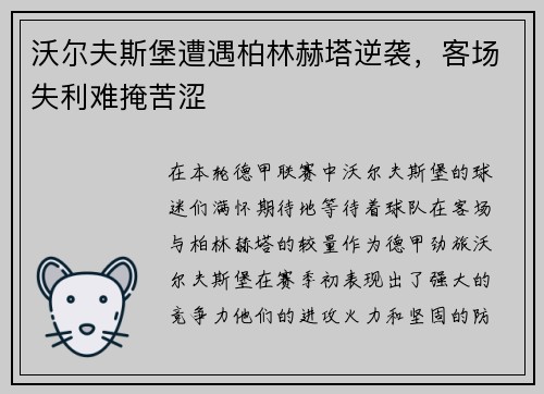 沃尔夫斯堡遭遇柏林赫塔逆袭，客场失利难掩苦涩