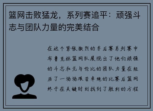 篮网击败猛龙，系列赛追平：顽强斗志与团队力量的完美结合